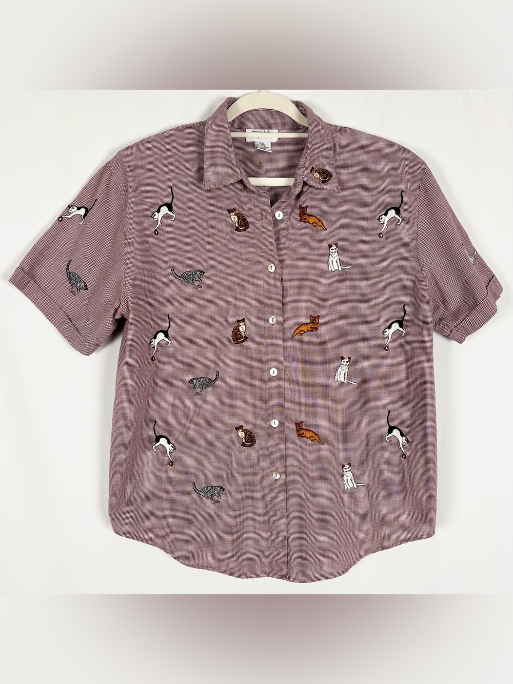 Vintage Rare Kitty Cat Novelty Print Embroidered Quirky Button Down Top